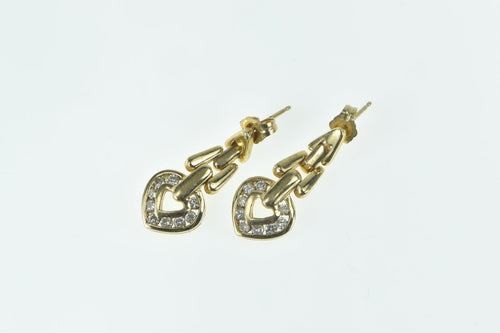 14K Vintage Diamond Heart Love Symbol Dangle Earrings Yellow Gold