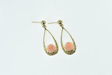 Load image into Gallery viewer, 14K Carved Coral Rose Flower Dangle Filigree Earrings Yellow Gold