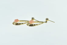 Load image into Gallery viewer, 14K Carved Coral Rose Flower Dangle Filigree Earrings Yellow Gold