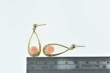 Load image into Gallery viewer, 14K Carved Coral Rose Flower Dangle Filigree Earrings Yellow Gold