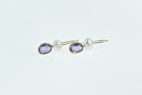 14K Oval Amethyst Pearl Vintage Dangle Earrings Yellow Gold