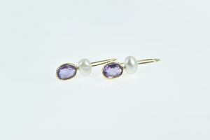 14K Oval Amethyst Pearl Vintage Dangle Earrings Yellow Gold