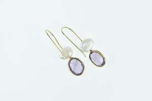 14K Oval Amethyst Pearl Vintage Dangle Earrings Yellow Gold