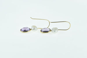 14K Oval Amethyst Pearl Vintage Dangle Earrings Yellow Gold