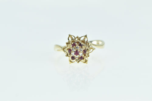 14K Vintage Ruby Diamond Flower Cluster Mandala Ring Yellow Gold