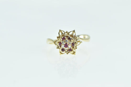 14K Vintage Ruby Diamond Flower Cluster Mandala Ring Yellow Gold