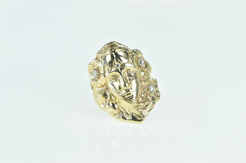 14K Ornate Diamond Faced Maiden Floral Lady Ring Yellow Gold