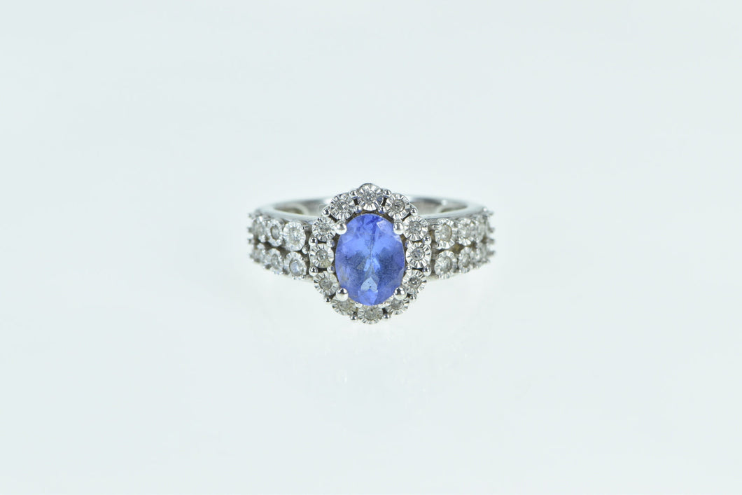 14K Oval Tanzanite Diamond Halo Statement Ring White Gold