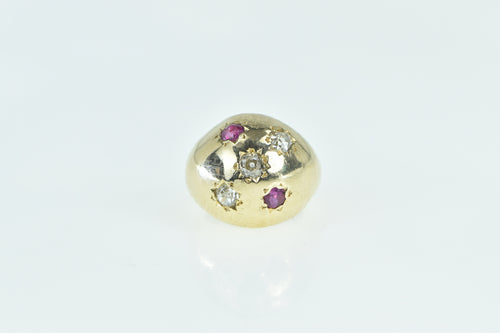14K 1930's Domed Diamond Ruby Statement Pinky Ring Yellow Gold