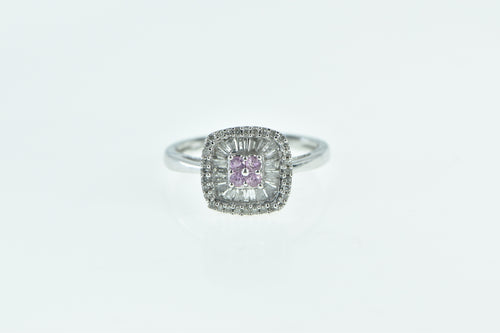 14K Pink Sapphire Baguette Diamond Halo Ring White Gold