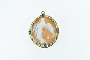 14K Victorian Angel Scene Cameo Sapphire Floral Pendant/Pin Yellow Gold