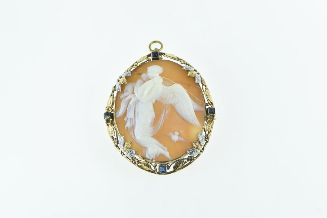 14K Victorian Angel Scene Cameo Sapphire Floral Pendant/Pin Yellow Gold