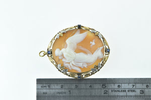 14K Victorian Angel Scene Cameo Sapphire Floral Pendant/Pin Yellow Gold