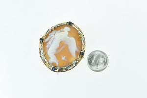 14K Victorian Angel Scene Cameo Sapphire Floral Pendant/Pin Yellow Gold