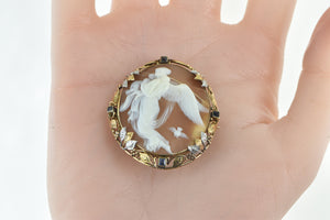 14K Victorian Angel Scene Cameo Sapphire Floral Pendant/Pin Yellow Gold