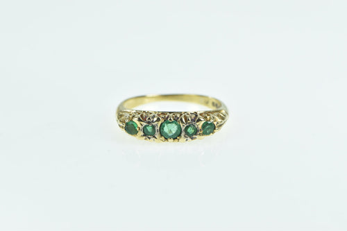 18K Vintage Five Stone Emerald Ornate Band Ring Yellow Gold