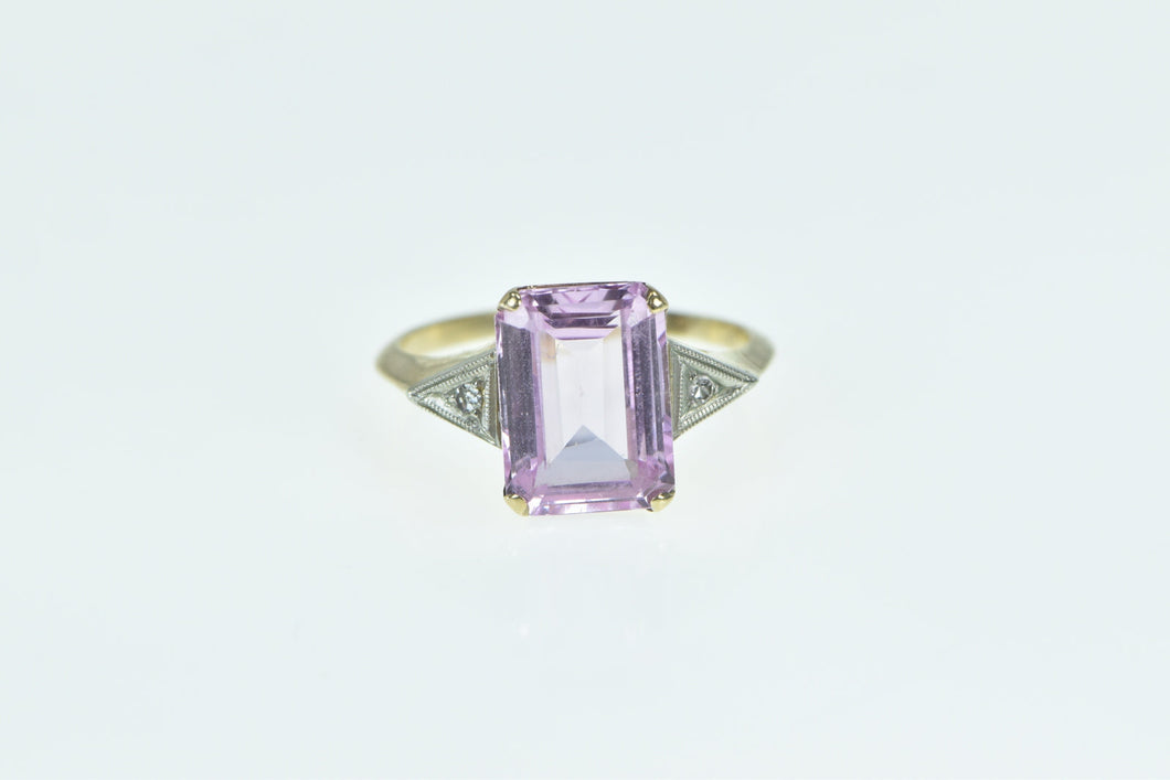 14K Emerald Cut Pink Topaz Diamond Vintage Ring Yellow Gold