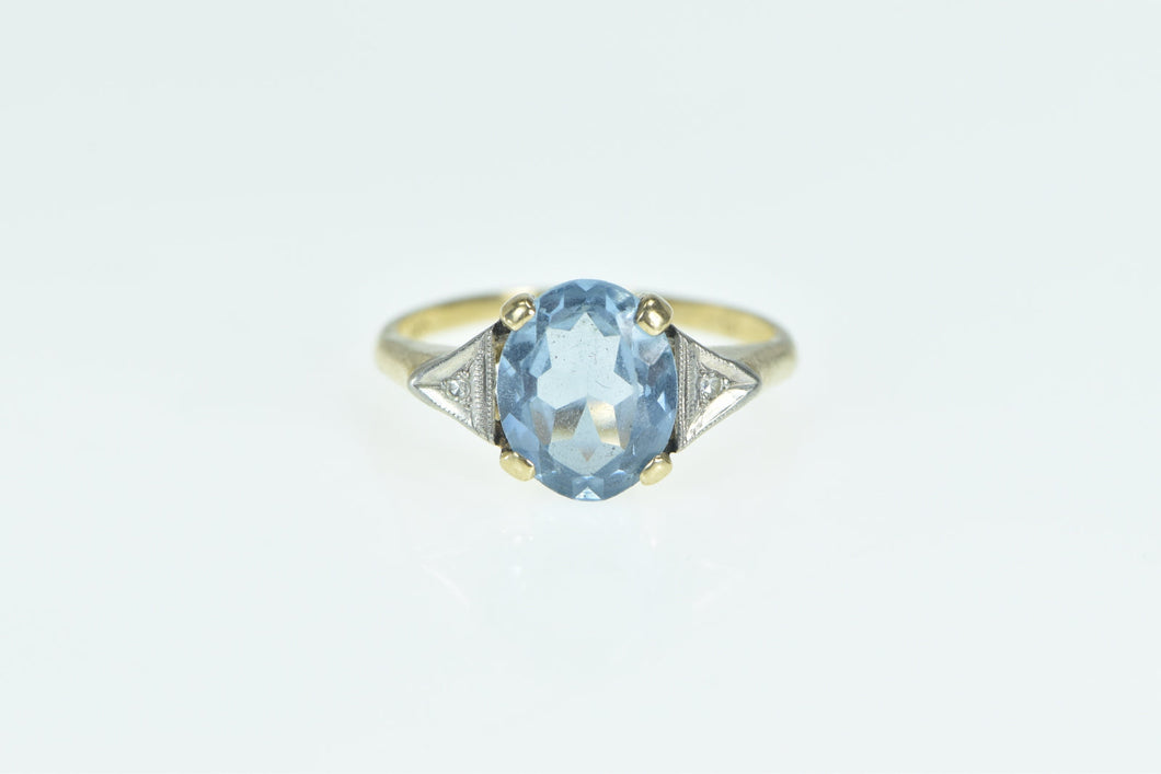 10K Art Deco Blue Topaz Diamond Statement Ring Yellow Gold