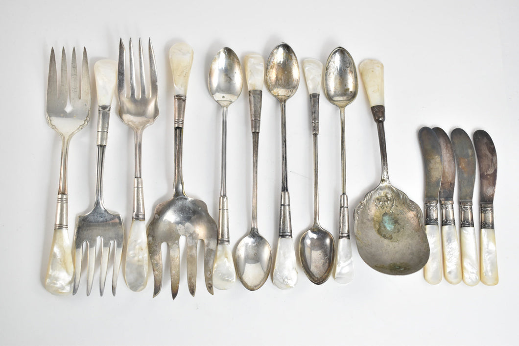 Sterling Silver Vintage Mother of Pearl Dining Set (14 Pieces)