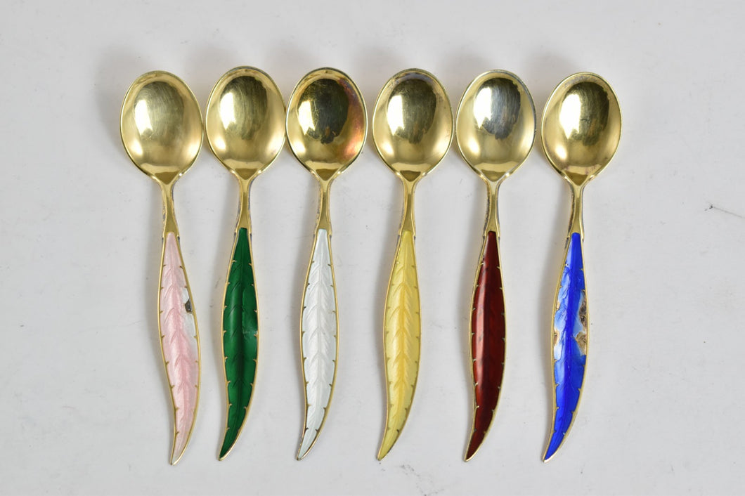 Sterling Silver Vintage Ottar Hval Guilloche Enamel Spoons Set (6pcs)