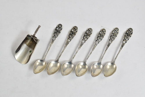 Sterling Silver Antique German Rose Demitasse Spoon Salt Scoop (7 pcs)