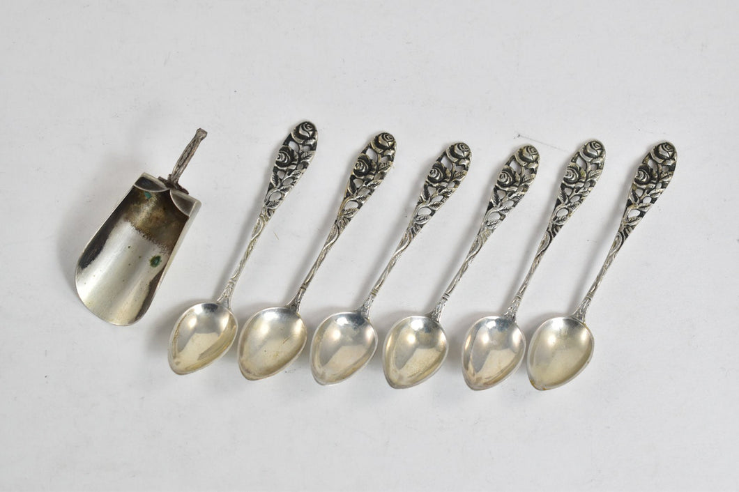 Sterling Silver Antique German Rose Demitasse Spoon Salt Scoop (7 pcs)