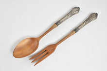 Load image into Gallery viewer, Sterling Silver Crown Wooden Salad Serving Spoon &amp; Fork Set (2 pcs.)