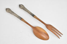 Load image into Gallery viewer, Sterling Silver Crown Wooden Salad Serving Spoon &amp; Fork Set (2 pcs.)