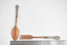 Load image into Gallery viewer, Sterling Silver Crown Wooden Salad Serving Spoon &amp; Fork Set (2 pcs.)