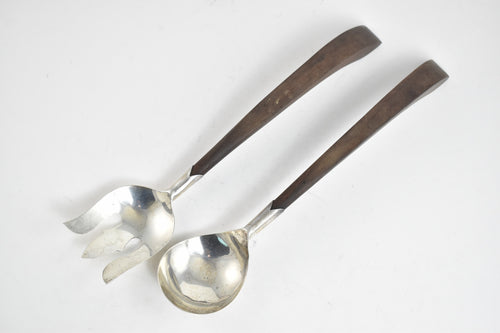 Sterling Silver Plata Mexican Wood Salad Serving Spoon & Fork Set (2 pcs)