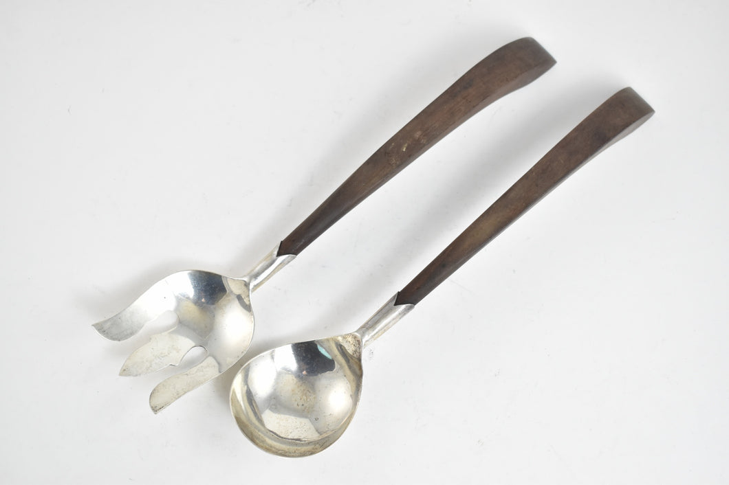 Sterling Silver Plata Mexican Wood Salad Serving Spoon & Fork Set (2 pcs)