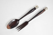 Load image into Gallery viewer, Sterling Silver Antique Wooden Salad Serving Fork Spoon Set