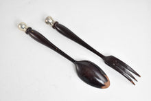 Load image into Gallery viewer, Sterling Silver Antique Wooden Salad Serving Fork Spoon Set