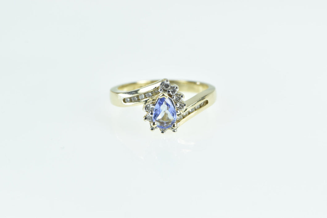 14K Pear Tanzanite Diamond Vintage Swirl Ring Yellow Gold