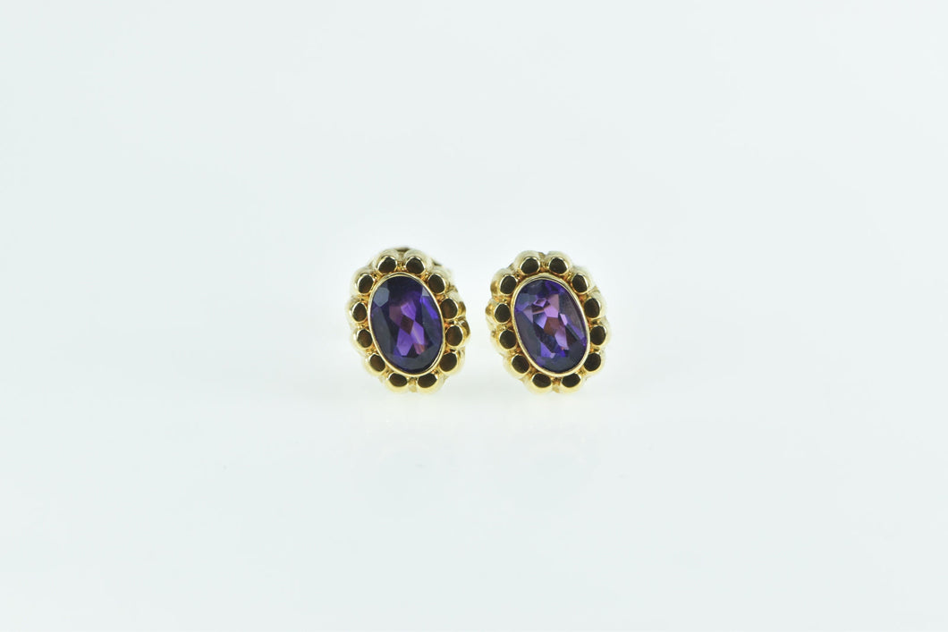 14K Oval Amethyst Scalloped Vintage Stud Earrings Yellow Gold