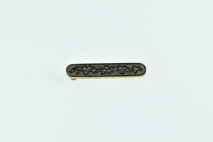 14K Black Enamel Leaf Pattern Engraved Bar Pin/Brooch Yellow Gold