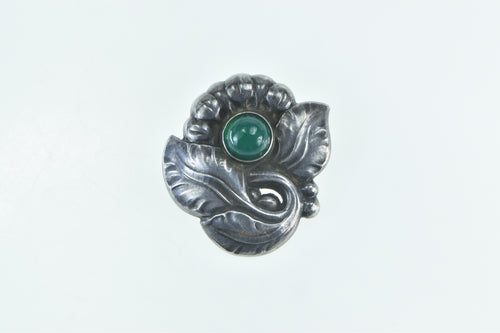 Sterling Silver Georg Jensen Green Agate Leaf Vintage 71 Pin/Brooch