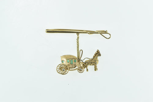 18K Victorian Emerald Horse Drawn Carriage Bar Pin/Brooch Yellow Gold