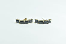 Load image into Gallery viewer, 10K Emerald Cut Sapphire Curved Bar Drop Earrings Yellow Gold