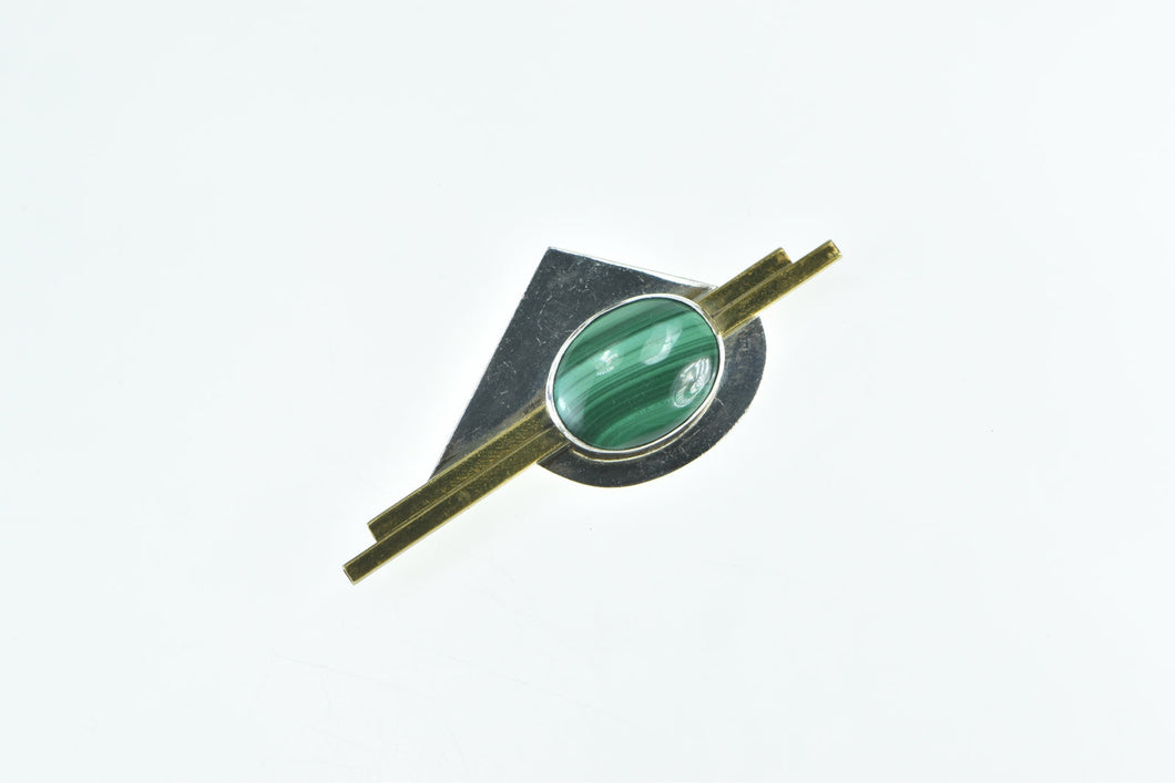 Sterling Silver Malachite Oval Modernist Geometric Bar Pin/Brooch