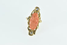 Load image into Gallery viewer, 14K Victorian Carved Coral Cameo Diamond Ring Yellow Gold