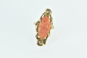 14K Victorian Carved Coral Cameo Diamond Ring Yellow Gold