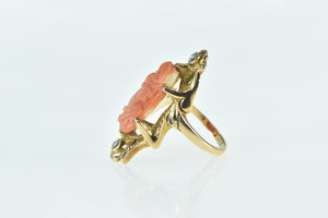 14K Victorian Carved Coral Cameo Diamond Ring Yellow Gold