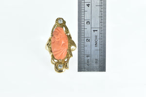 14K Victorian Carved Coral Cameo Diamond Ring Yellow Gold