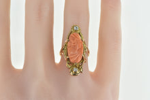 Load image into Gallery viewer, 14K Victorian Carved Coral Cameo Diamond Ring Yellow Gold