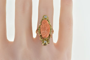 14K Victorian Carved Coral Cameo Diamond Ring Yellow Gold