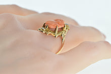 Load image into Gallery viewer, 14K Victorian Carved Coral Cameo Diamond Ring Yellow Gold