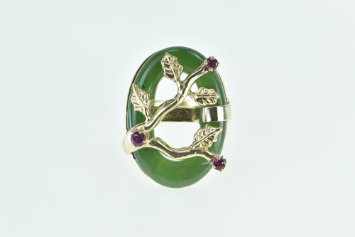 14K Jade Ring Ruby Tree Branch Cherry Blossom Yellow Gold