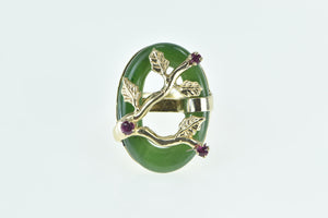 14K Jade Ring Ruby Tree Branch Cherry Blossom Yellow Gold