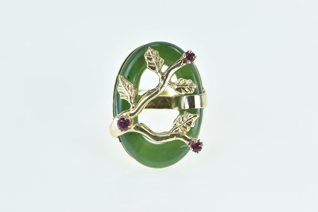 14K Jade Ring Ruby Tree Branch Cherry Blossom Yellow Gold